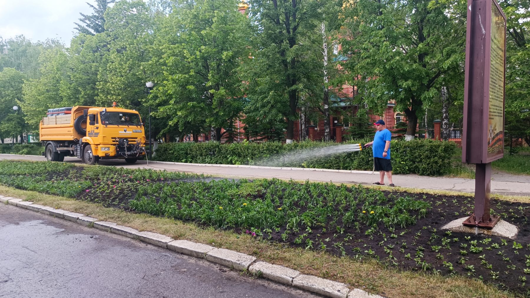 В Ульяновске из-за жары усилили полив деревьев и кустарников.