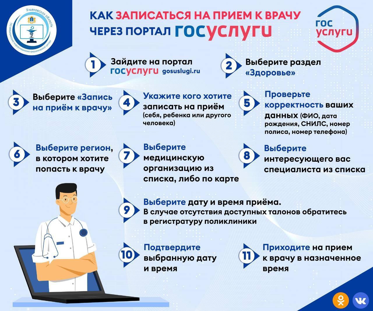 Ульяновцы могут записаться на приём к врачу  через «Госуслуги».
